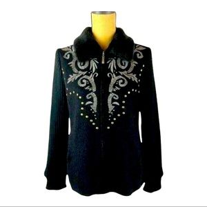 𝅺MONTANACO black wool blend Southwestern faux fur collar sweater cardigan zip S